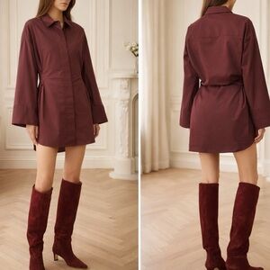 STAUD Cindy Merlot Cotton Poplin Mini Shirt Dress Pintuck Waist